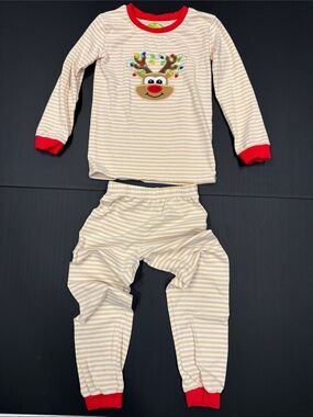 Be Mine Beige & White Striped Reindeer Pajama Set with Red Trim